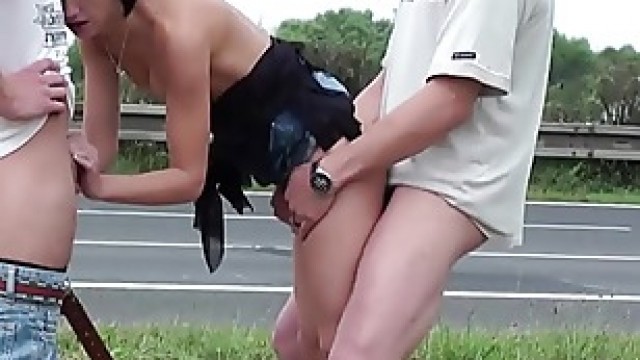 Extreme public sex with petite  and 2 guys with big dicks by highway