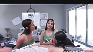 Kinky coeds sharing cock in foursome at the sorority