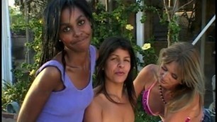African beauty with small tits gets drilled with dildo by hotties by the pool